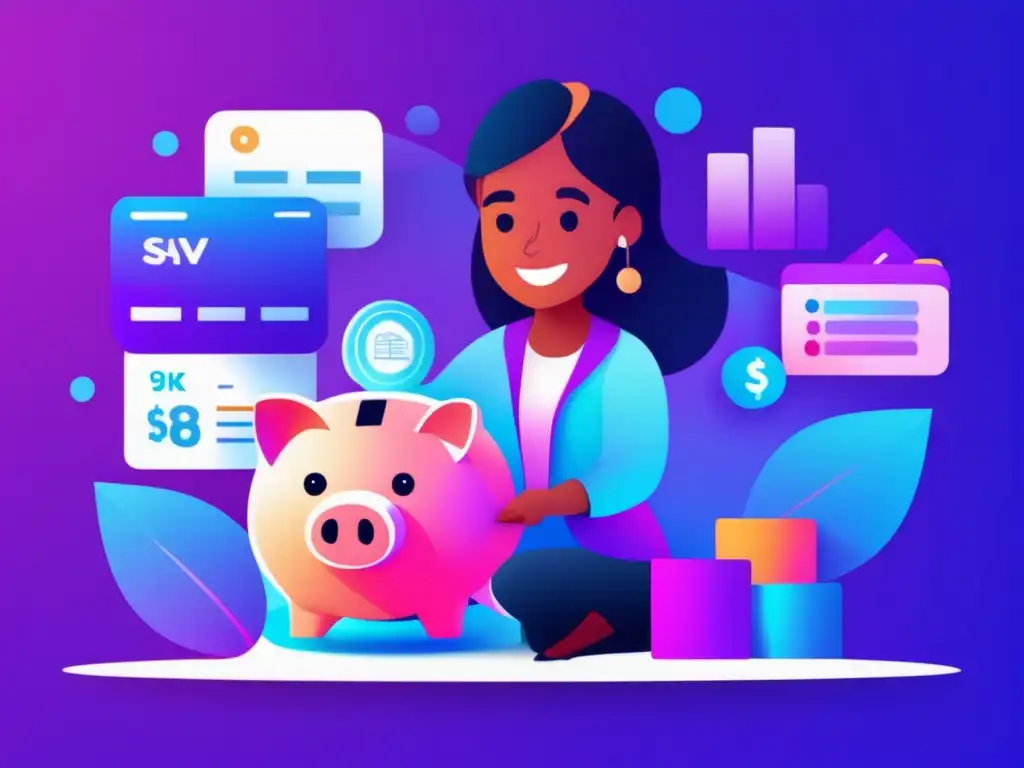 Importancia del presupuesto para jóvenes Joven aprendiendo a presupuestar con piggy bank, app y metas financieras -