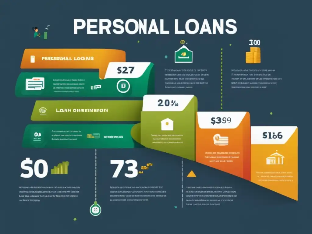 Impacto préstamos personales en finanzas Infografía de impacto de préstamos personales en finanzas: préstamos para jóvenes, hitos financieros, iconos, datos clave