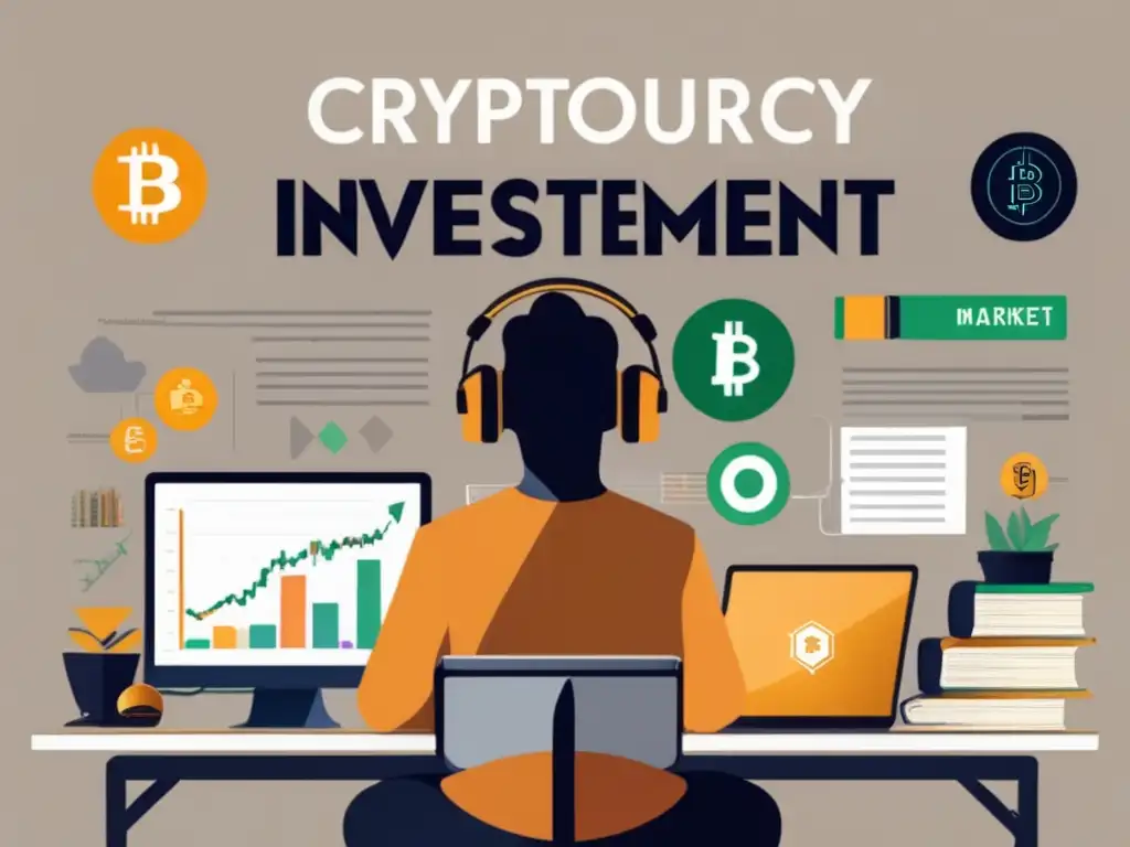 Joven enfocado en inversiones criptográficas Joven enfocado en criptomonedas, rodeado de recursos educativos y herramientas - invertir en criptomonedas de manera segura para jóvenes